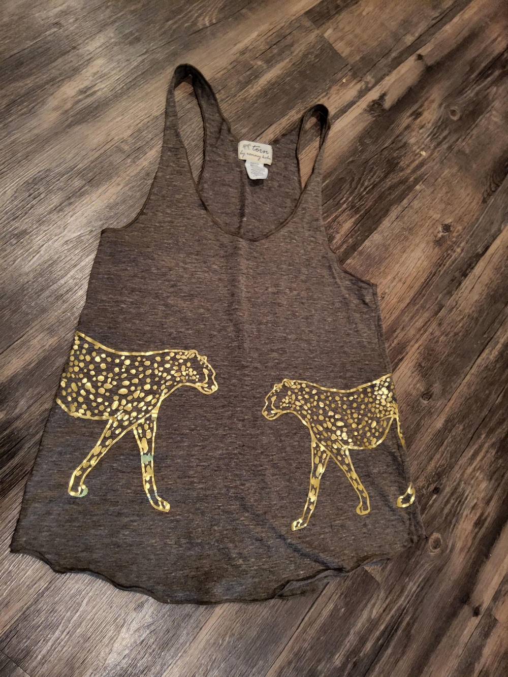 Torn by Ronny Kobo brown tank with golder leaopard graphic